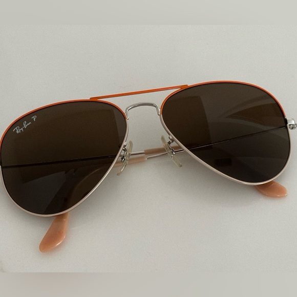 EUC Ray-Ban polarized aviator sunglasses with orange and gold rim - Picture 4 of 5